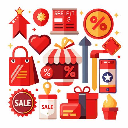 A colorful illustration of red and yellow sale icons with percentage signs, gift boxes, shopping bags, and stars.のイラスト素材