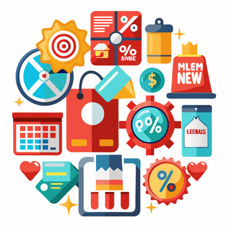 Colorful flat icons and symbols for business, shopping, and marketing.のイラスト素材