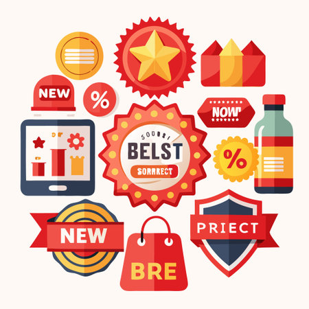 Set of colorful flat design badges for best sellers, discounts, new, sale and price on white background.のイラスト素材