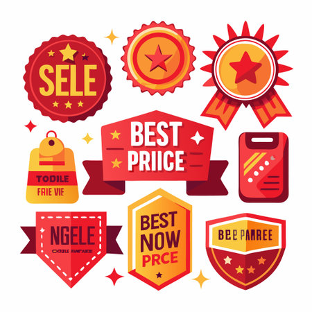 Set of colorful badges with sale, best price, and free delivery icons.のイラスト素材