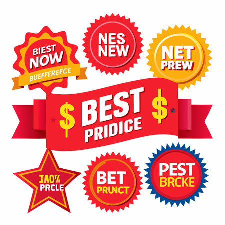 Red and yellow star, ribbon, and circular badges with text, isolated on white background.のイラスト素材