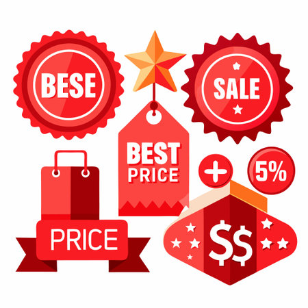 Red Sale Labels with Best Price, Star, Dollar Sign, and 5% Discount.のイラスト素材