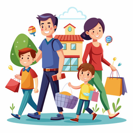 A happy family of four walks together, carrying shopping bags.のイラスト素材