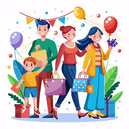 Happy family with shopping bags celebrating.のイラスト素材