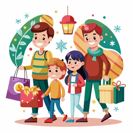 Happy family walking with shopping bags and presents.のイラスト素材