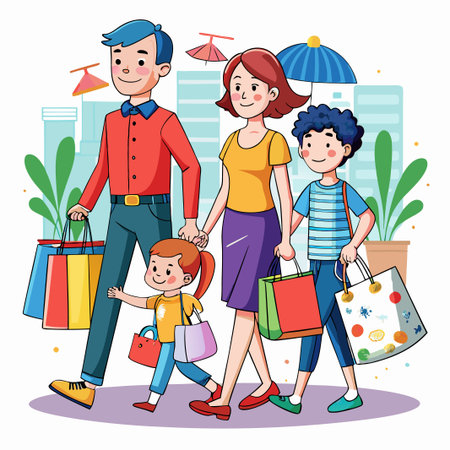 Happy family with shopping bags walking in the city.のイラスト素材