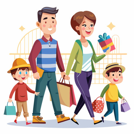 Happy family of four walking with shopping bags and gift.のイラスト素材
