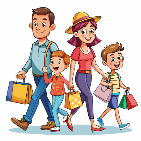 Happy family of four walking together with shopping bags.のイラスト素材