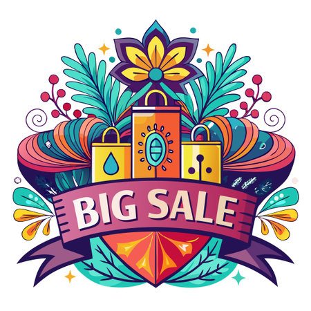 Colorful floral design with shopping bags and a banner proclaiming "Big Sale".のイラスト素材