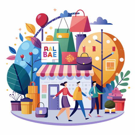 Three people walk past a store with a striped awning.のイラスト素材