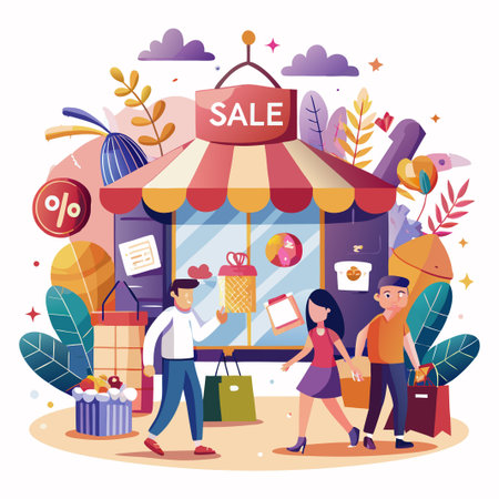 Happy shoppers with shopping bags walking out of store with a sale sign.のイラスト素材