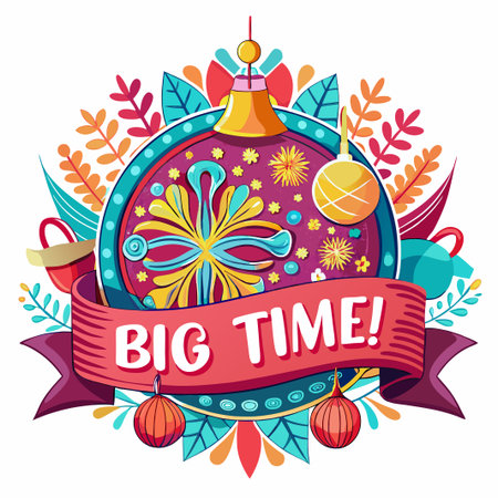 Colorful festive graphic with ornaments and ribbon saying big time.のイラスト素材