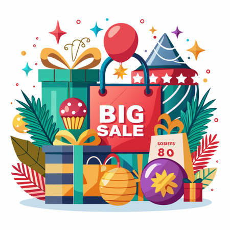 Colorful gifts, shopping bags, and festive decorations for big sale.のイラスト素材