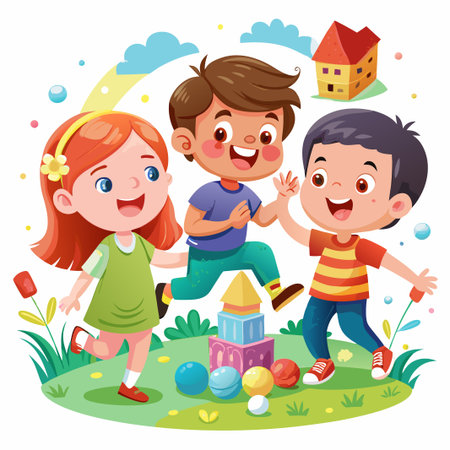 Three happy children playing outside with toys, including a toy house and building blocks.のイラスト素材