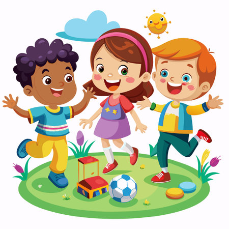 Three happy kids playing together in a park.のイラスト素材