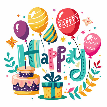 Happy Birthday Card with Balloons, Cake, and Gift.のイラスト素材