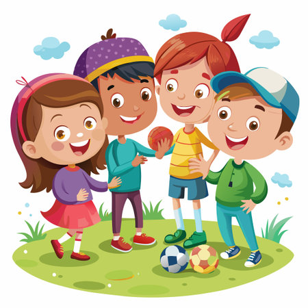 Four happy kids standing together on green grass with three soccer balls.のイラスト素材
