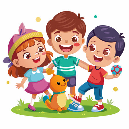 Three cheerful children with a toy animal, playing together on a green lawn.のイラスト素材