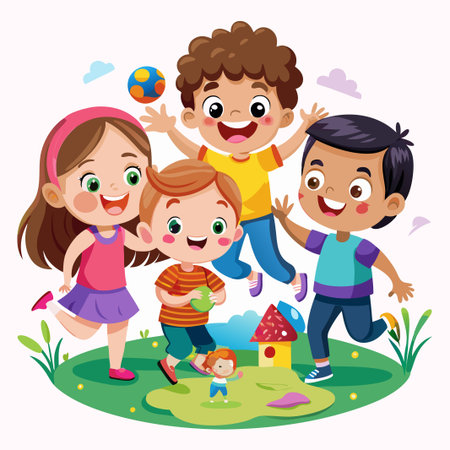 Four cheerful kids playing together outdoors, surrounded by green grass and a small house.のイラスト素材