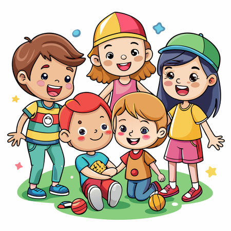 Four happy children playing together outdoors.のイラスト素材