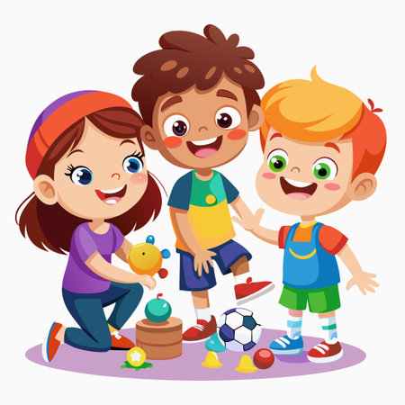 Three happy children playing together with colorful toys and a soccer ball.のイラスト素材