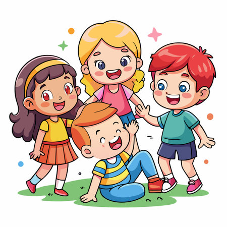 Happy kids cartoon illustration of four kids laughing together on a green background.のイラスト素材