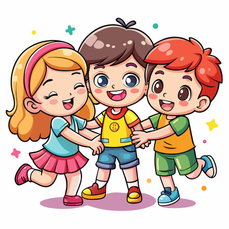 Three kids, a girl and two boys, holding hands and smiling cheerfully, on a white background.のイラスト素材