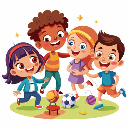 Four happy children are playing together in a park.のイラスト素材