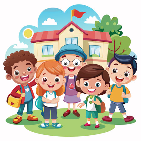Group of happy children with backpacks standing in front of a school building.のイラスト素材