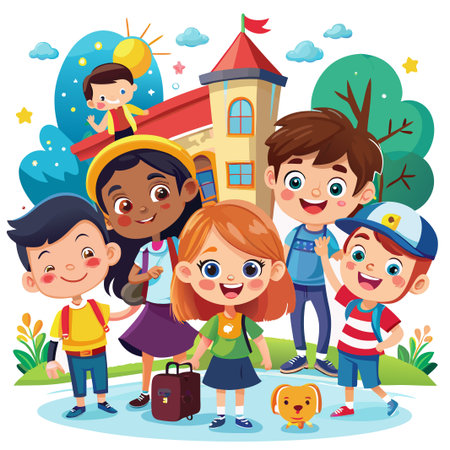 Happy school kids are going to school with their backpacks.のイラスト素材