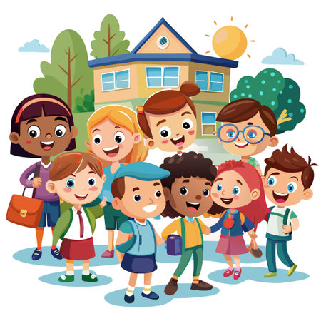 Group of happy school kids standing in front of their school building.のイラスト素材