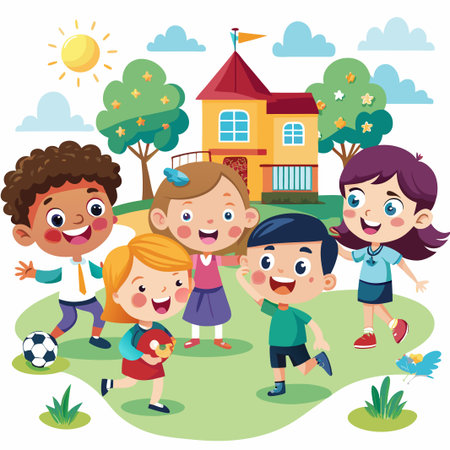 Happy diverse children playing outside on a sunny day with a house in the background.のイラスト素材