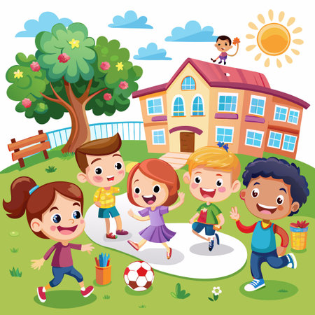 Happy kids playing outside a school building, a girl with a ponytail is playing with a soccer ball, a boy is holding a basket, the others are jumping.のイラスト素材