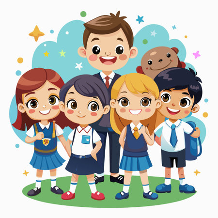 Happy school children standing together in a line, smiling.のイラスト素材