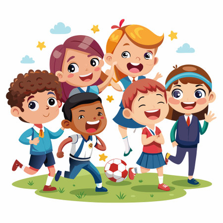 Happy kids in school uniforms playing soccer together outdoors.のイラスト素材