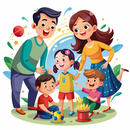 Happy family of four playing outside with a soccer ball.のイラスト素材