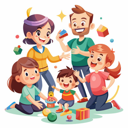 Happy family playing with toys together.のイラスト素材