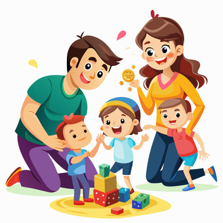 Happy family of four playing with colorful blocks together.のイラスト素材