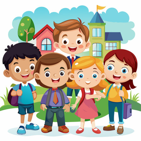 Happy kids with backpacks in front of a school building.のイラスト素材