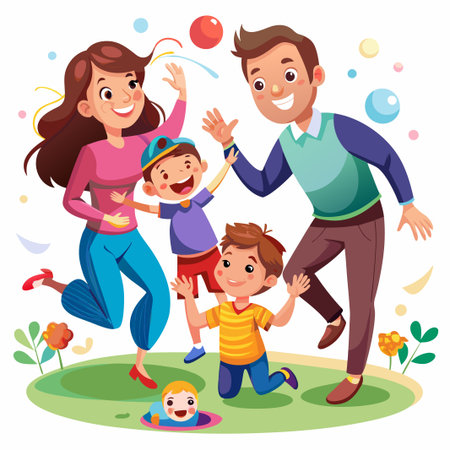 Happy family playing together in park.のイラスト素材