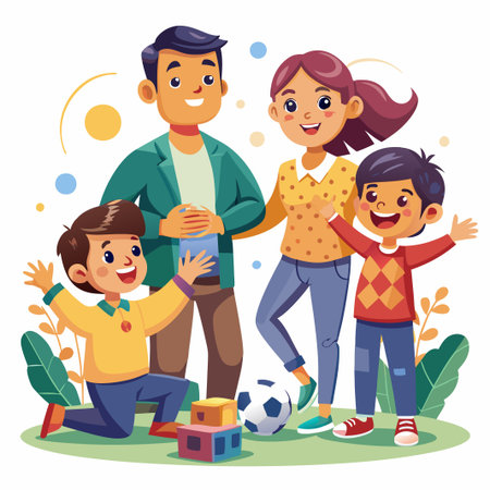 Happy family with two kids, a boy and a girl, playing outside.のイラスト素材