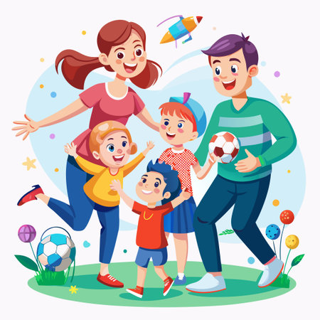 Happy family of four walking together outdoors, smiling and enjoying their time together.のイラスト素材