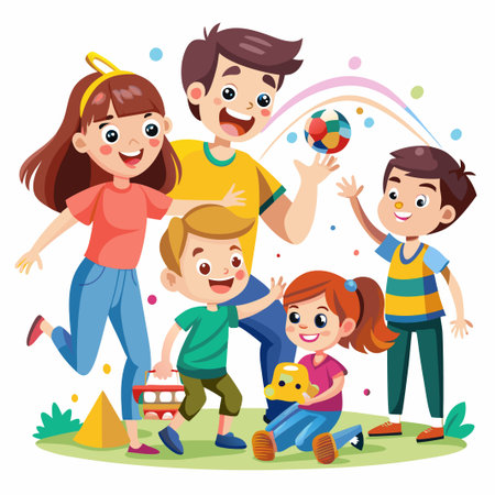Happy family playing together in a park, enjoying quality time with their children.のイラスト素材