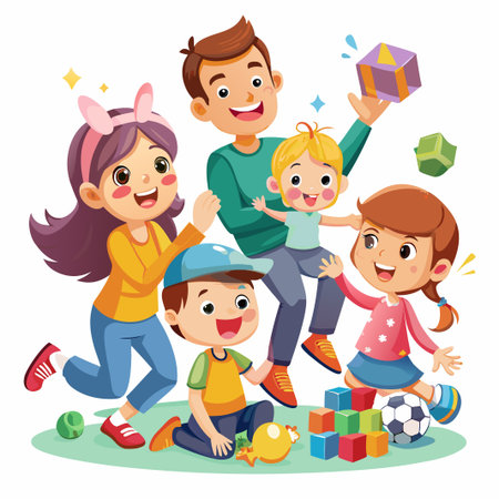 Happy family playing with toys.のイラスト素材