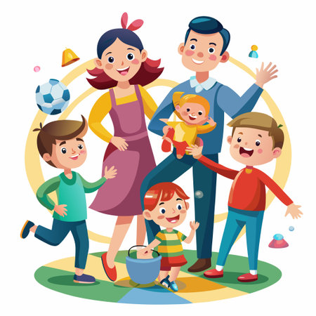 A happy family of five stands together on a colorful background.のイラスト素材