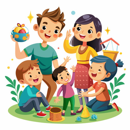Happy family having fun playing outside.のイラスト素材