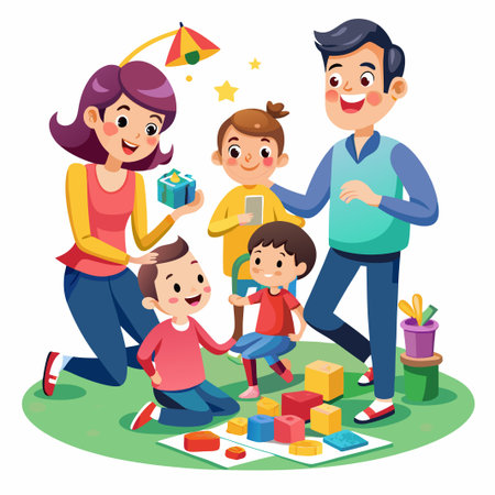 Happy family playing with colorful building blocks outdoors.のイラスト素材