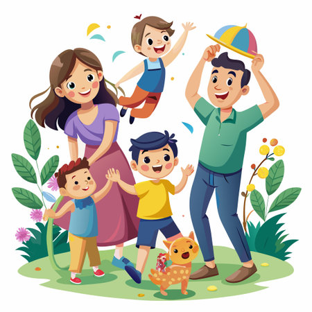 Happy family with kids and dog standing on a green lawn.のイラスト素材