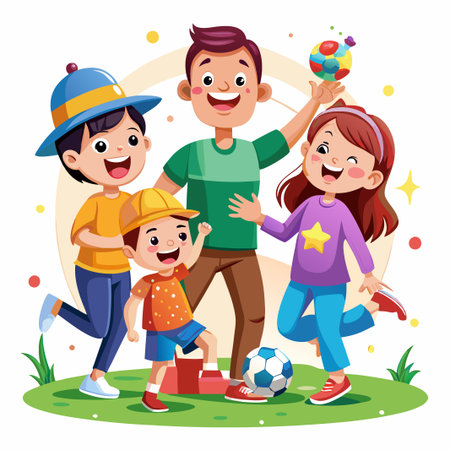 Happy family of four enjoying a day at the park with a soccer ball, ball, and a ball.のイラスト素材