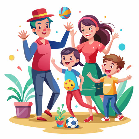 Happy family playing together outdoors, enjoying their free time with a soccer ball and other toys.のイラスト素材